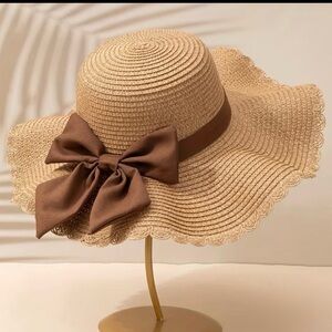 Wide Brim Straw Sun Hat with Brown Bow